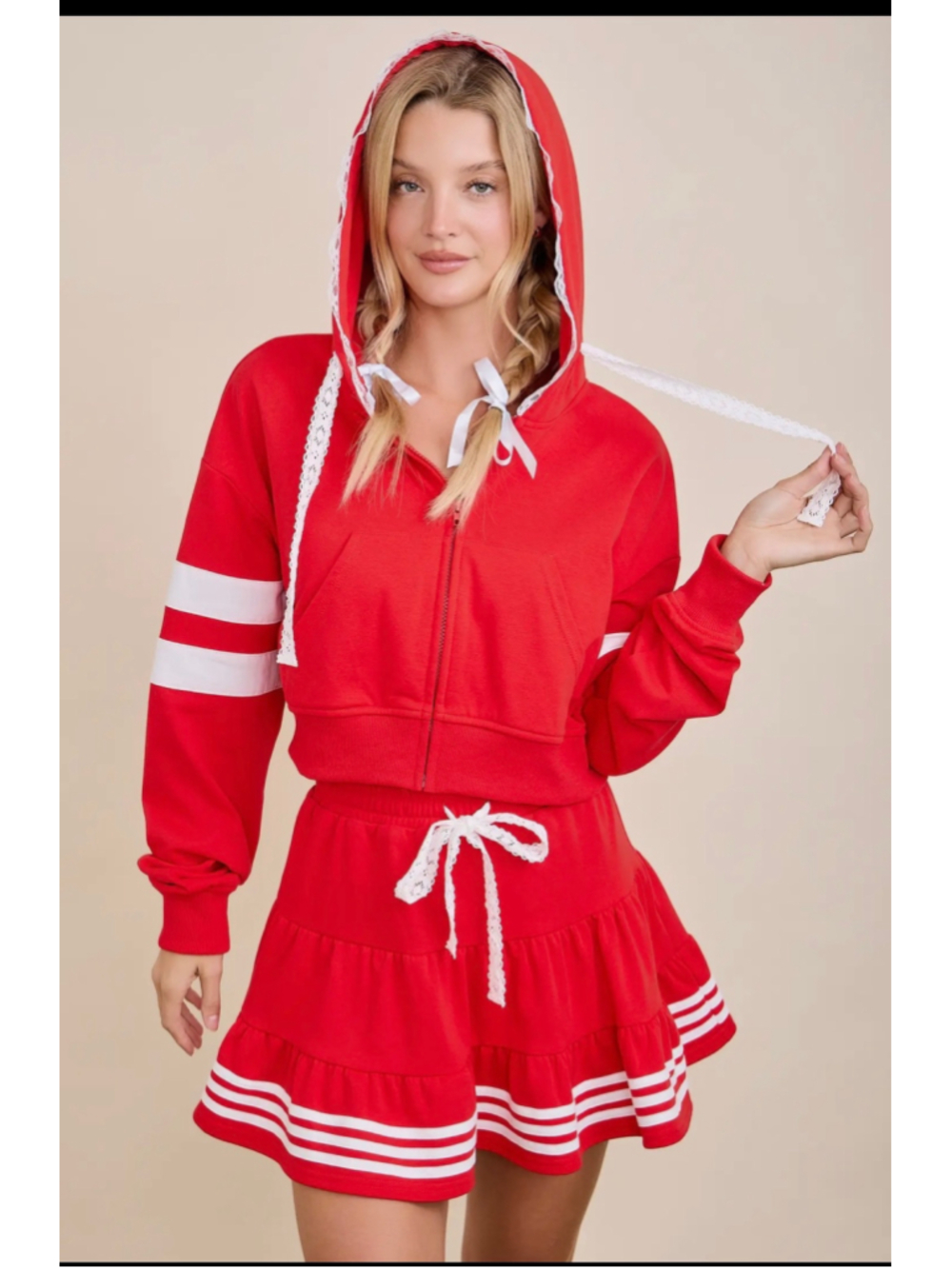 Main Strip Red Varsity Hooded Set | Zip Hoodie & Tiered Mini Skort| SML NWT